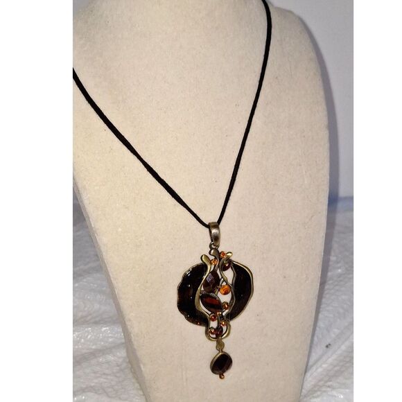 Artsy Lia Sophia Amber Glass Pendant Necklace Bohemian Exotic Fashion - Picture 2 of 11